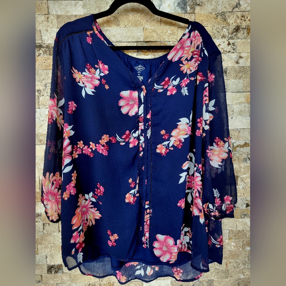St Johns Bay Blue Pleated Sheer Sleeve Plus Size Floral Tunic Blouse Siz…